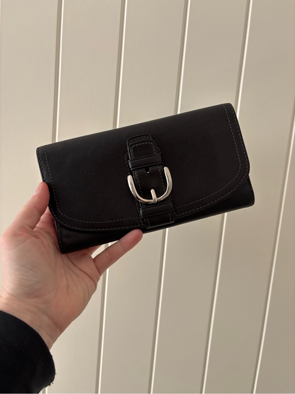 Coach Black Leather Buckle Flap Wallet Pink Interior Long Checkbook Wallet